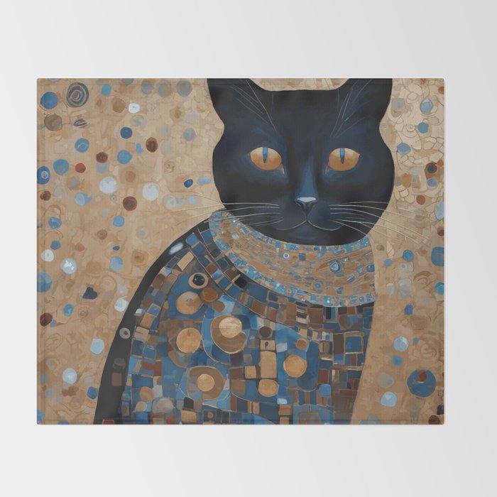 Black Klimt Cat in Ceremonial Robes Throw Blanket Gallery Image 2