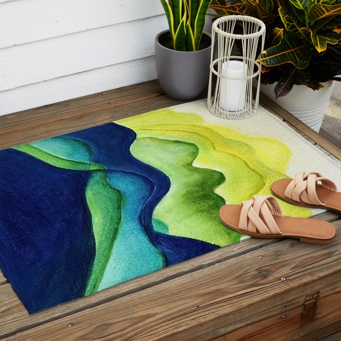 Abstract in Yellow, Green and Blue Outdoor Rug Gallery Image 2