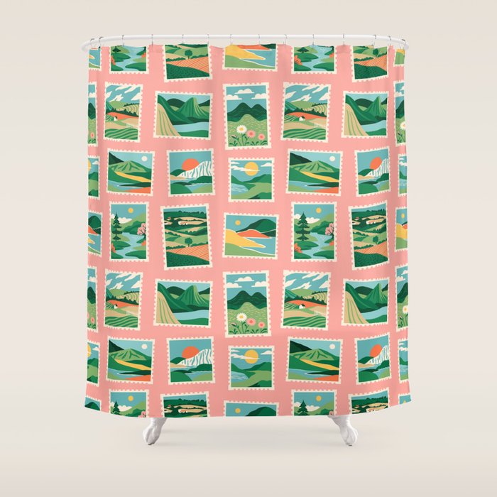 Vintage nature landscape postage stamp sticker pattern Shower Curtain Gallery Image 1