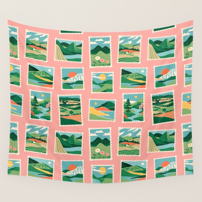 Vintage nature landscape postage stamp sticker pattern Wall Tapestry Gallery Image 4