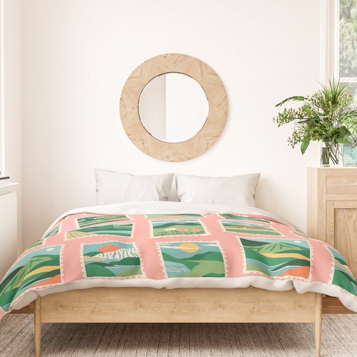 Vintage nature landscape postage stamp sticker pattern Duvet Cover Gallery Image 3