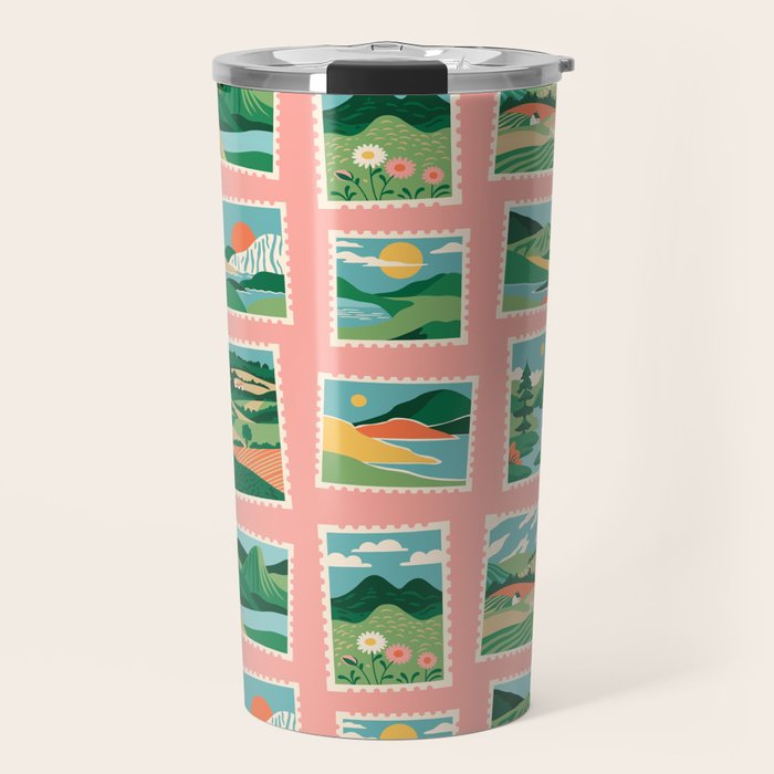 Vintage nature landscape postage stamp sticker pattern Travel Mug Gallery Image 1