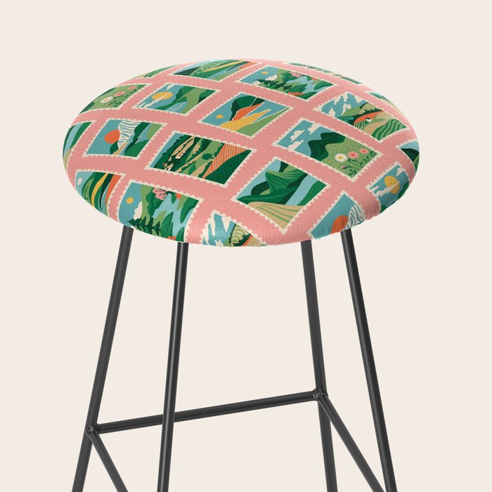 Vintage nature landscape postage stamp sticker pattern Stool Gallery Image 2