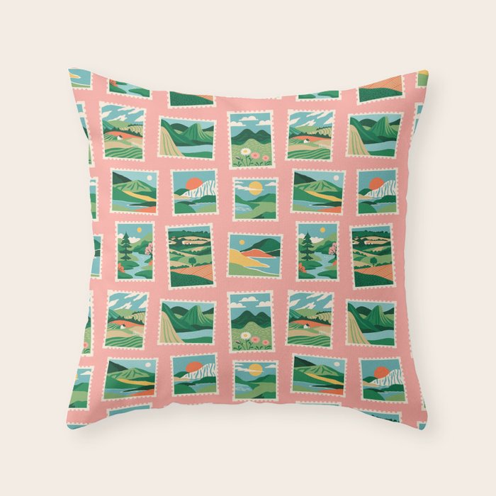 Vintage nature landscape postage stamp sticker pattern Throw Pillow Gallery Image 6