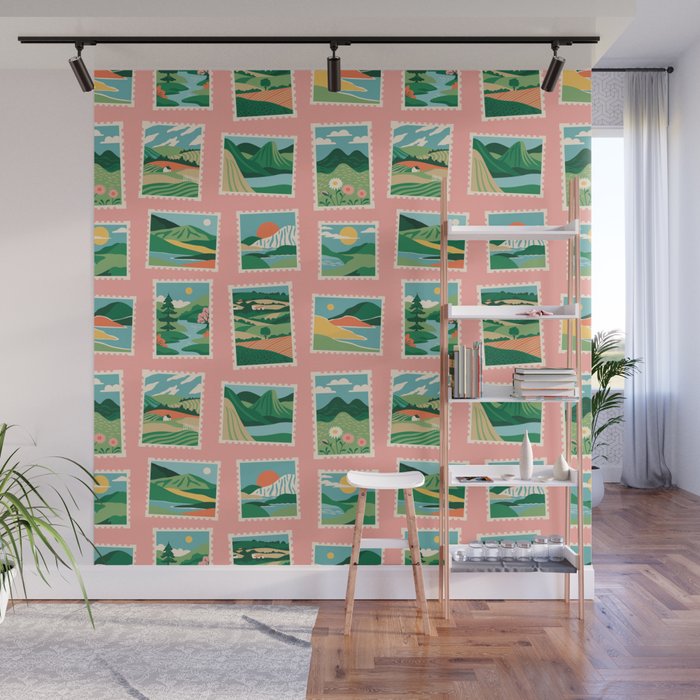 Vintage nature landscape postage stamp sticker pattern Wall Mural Gallery Image 1