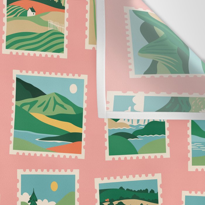 Vintage nature landscape postage stamp sticker pattern Wall Tapestry Gallery Image 3