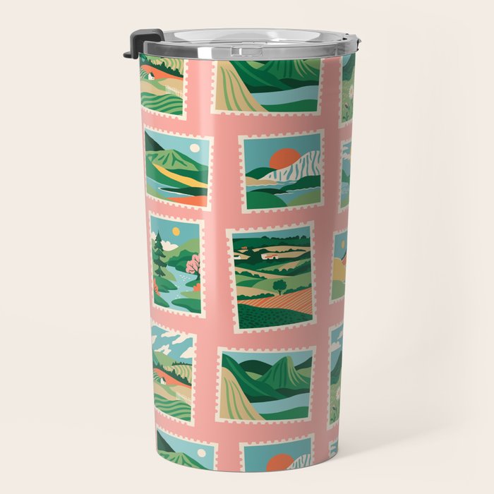 Vintage nature landscape postage stamp sticker pattern Travel Mug Gallery Image 3