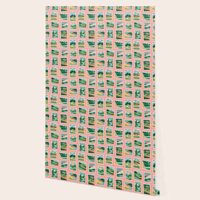 Vintage nature landscape postage stamp sticker pattern Wallpaper Gallery Image 2