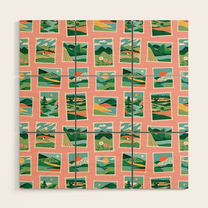 Vintage nature landscape postage stamp sticker pattern Wood Wall Art Gallery Image 1
