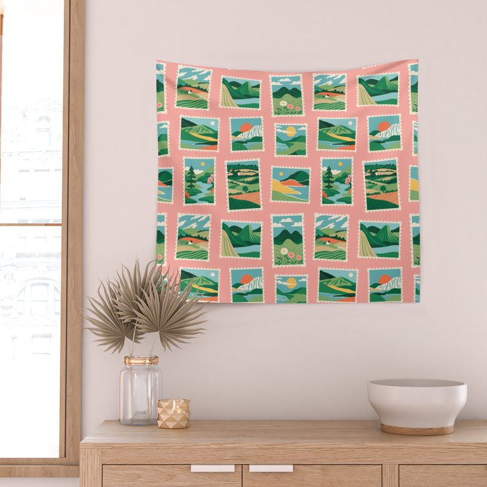 Vintage nature landscape postage stamp sticker pattern Wall Tapestry Gallery Image 2