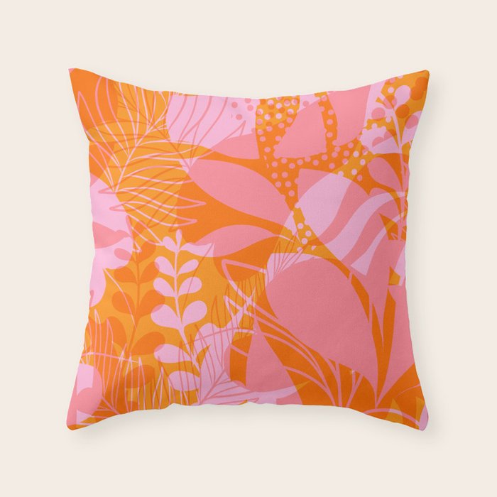 Tropical Jungle Pattern - Orange & pink Throw Pillow Gallery Image 1
