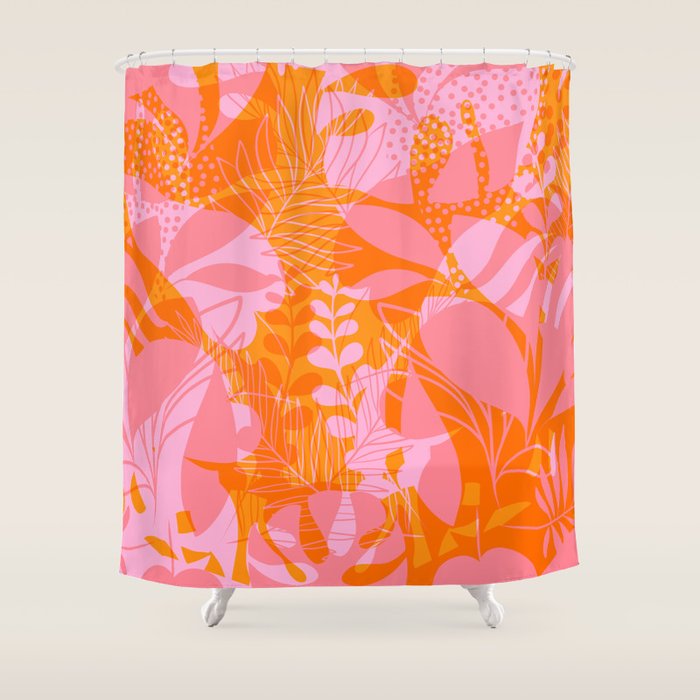 Tropical Jungle Pattern - Orange & pink Shower Curtain Gallery Image 1