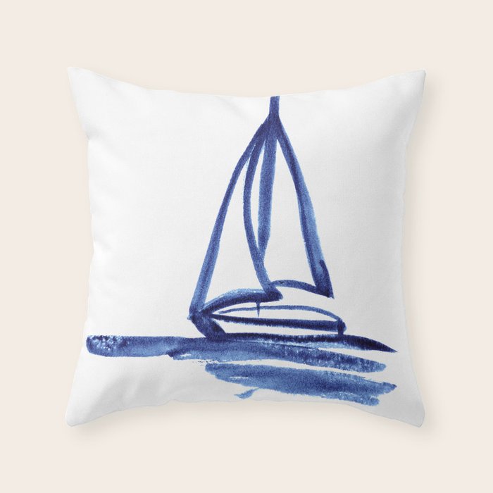 Sailboat in Blue Ink (Second in Set of Three) Throw Pillow Gallery Image 1