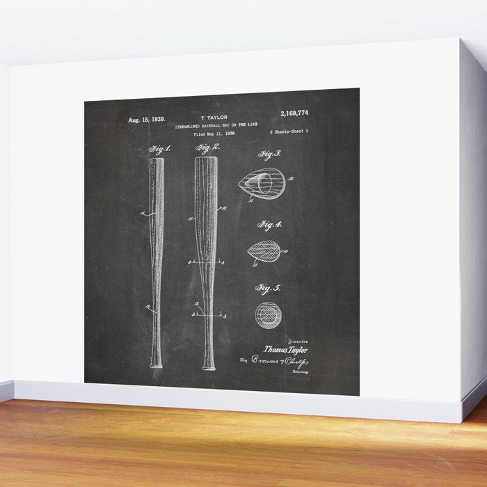 Baseball Bat Patent - Baseball Art - Black Chalkboard Wall Mural Gallery Image 2