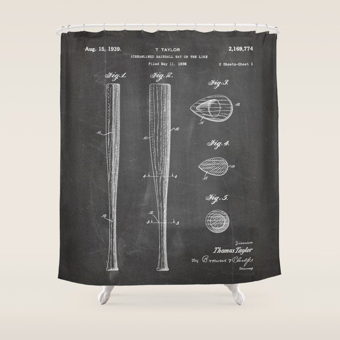 Baseball Bat Patent - Baseball Art - Black Chalkboard Shower Curtain Gallery Image 1