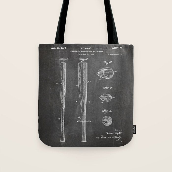 Baseball Bat Patent - Baseball Art - Black Chalkboard Tote Bag Gallery Image 1