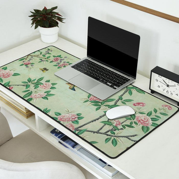 Antique Chinoiserie Peony Flower Bird Garden 1800 Desk Mat Gallery Image 2