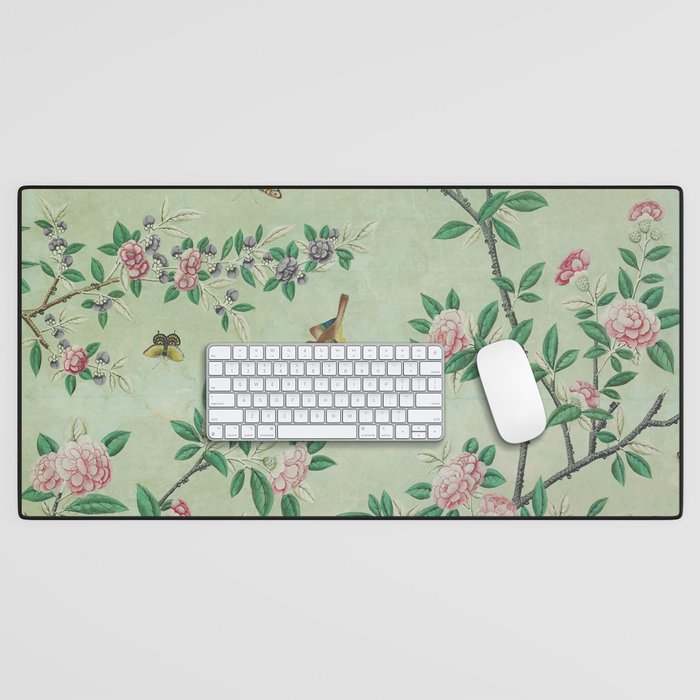 Antique Chinoiserie Peony Flower Bird Garden 1800 Desk Mat Gallery Image 1