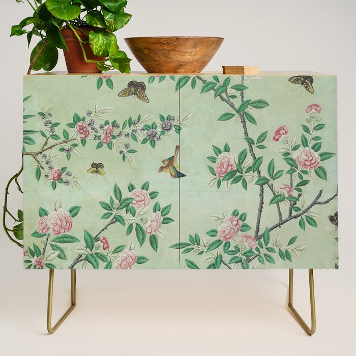 Antique Chinoiserie Peony Flower Bird Garden 1800 Credenza Gallery Image 1
