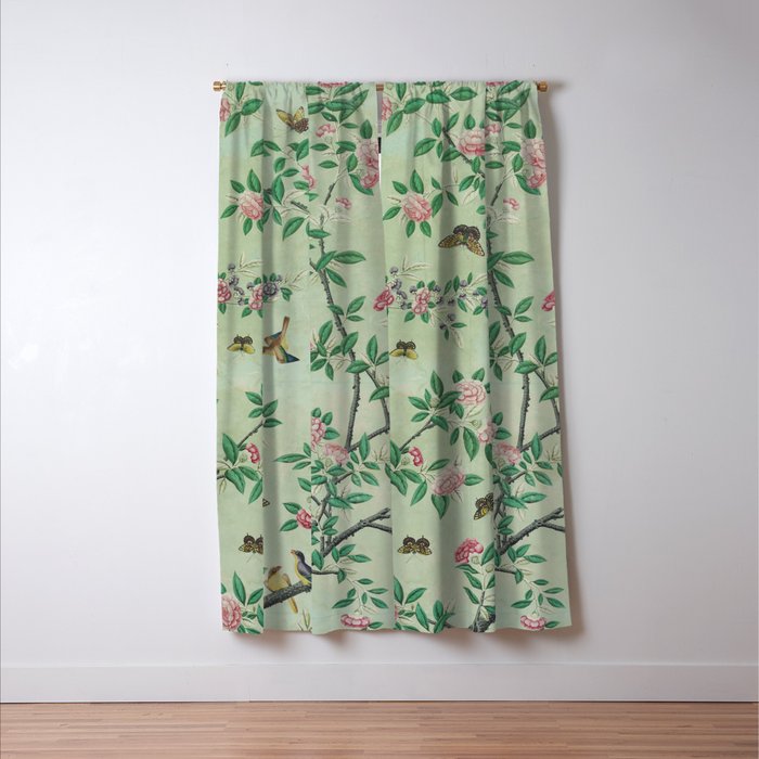 Antique Chinoiserie Peony Flower Bird Garden 1800 Window Curtain Gallery Image 3