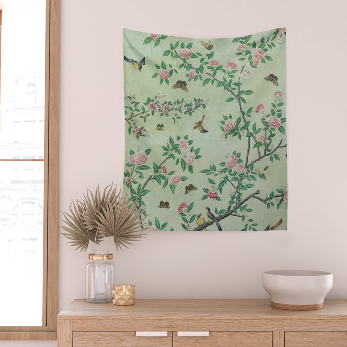 Antique Chinoiserie Peony Flower Bird Garden 1800 Wall Tapestry Gallery Image 2