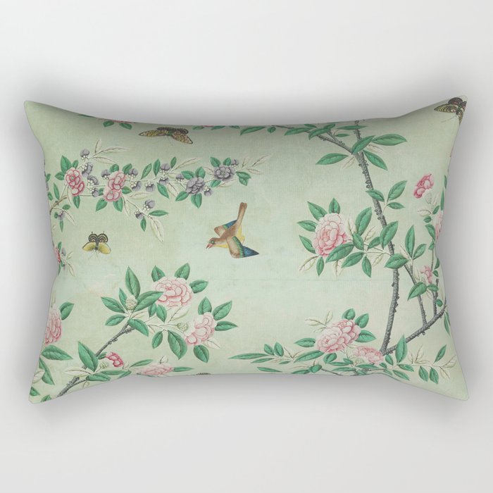 Antique Chinoiserie Peony Flower Bird Garden 1800 Rectangular Pillow Gallery Image 2