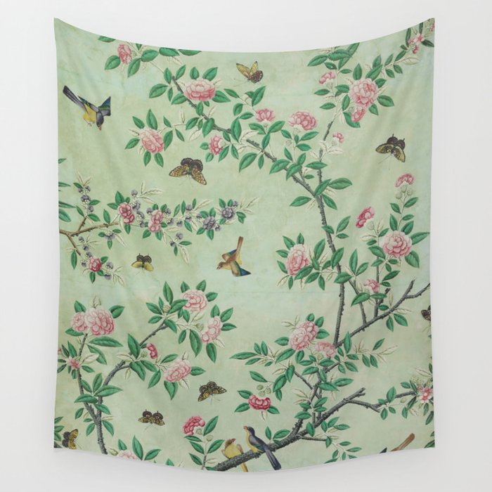 Antique Chinoiserie Peony Flower Bird Garden 1800 Wall Tapestry Gallery Image 1