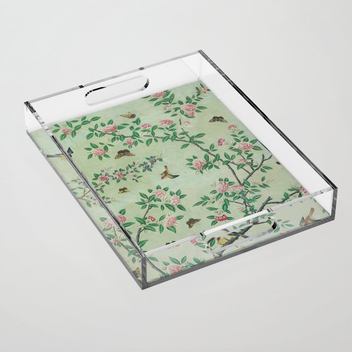 Antique Chinoiserie Peony Flower Bird Garden 1800 Acrylic Tray Gallery Image 1
