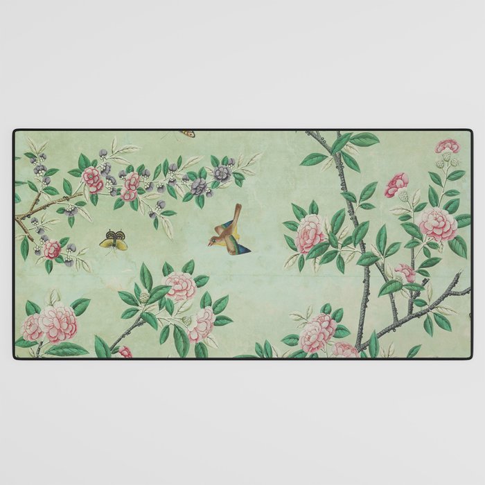 Antique Chinoiserie Peony Flower Bird Garden 1800 Desk Mat Gallery Image 3