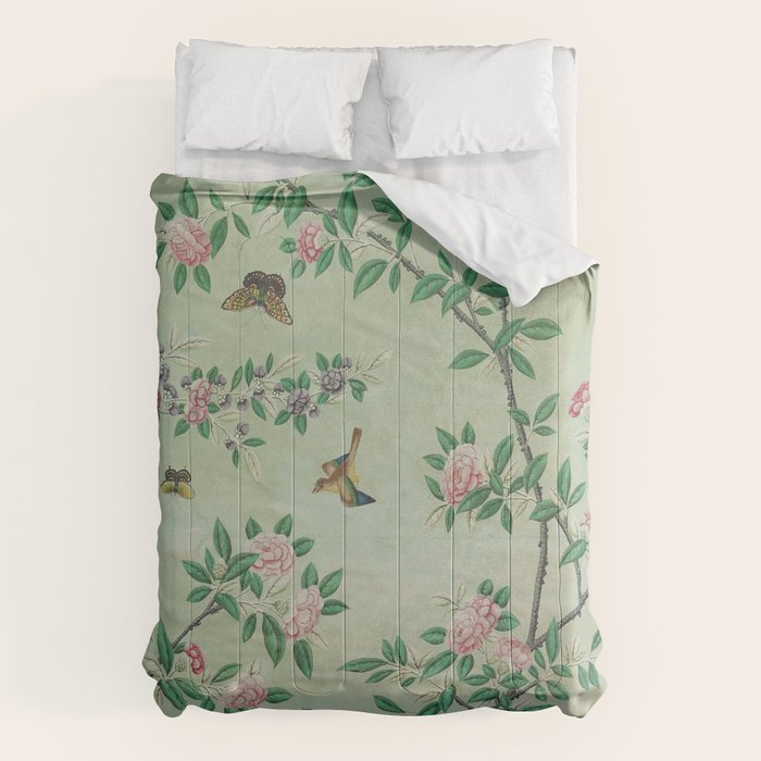 Antique Chinoiserie Peony Flower Bird Garden 1800 Comforter Gallery Image 1