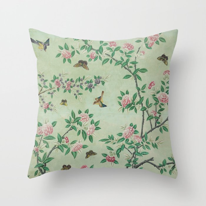 Antique Chinoiserie Peony Flower Bird Garden 1800 Throw Pillow Gallery Image 6