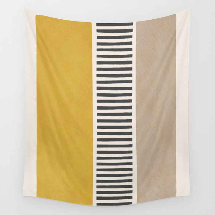 Mustard Beige Black Lines Abstract Art Wall Tapestry Gallery Image 1