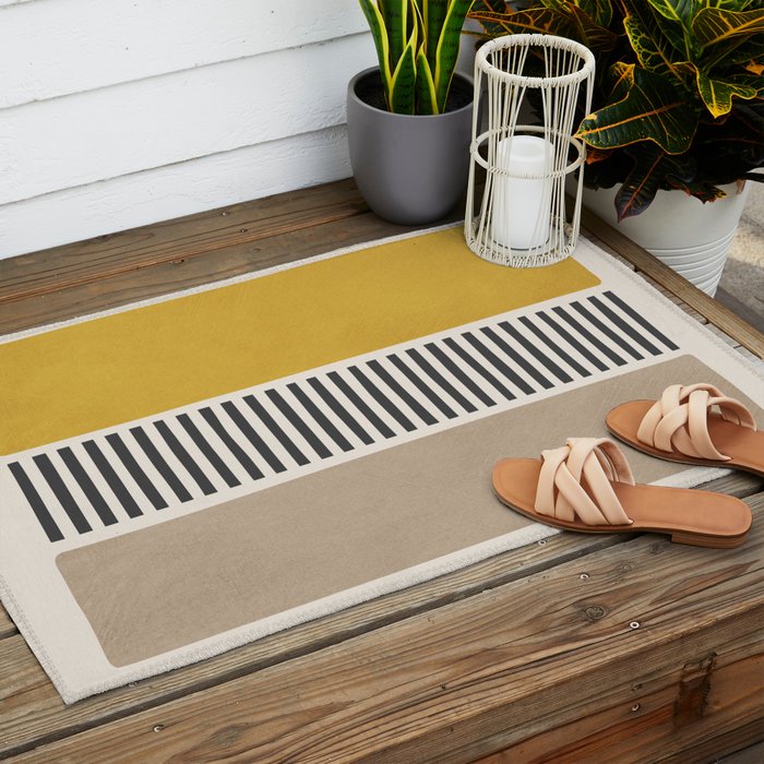 Mustard Beige Black Lines Abstract Art Outdoor Rug Gallery Image 2