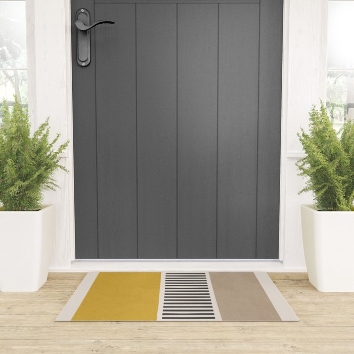 Mustard Beige Black Lines Abstract Art Welcome Mat Gallery Image 3