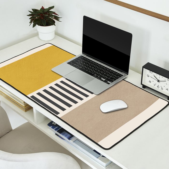 Mustard Beige Black Lines Abstract Art Desk Mat Gallery Image 2