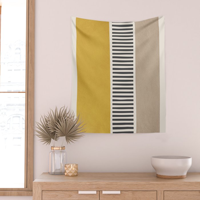 Mustard Beige Black Lines Abstract Art Wall Tapestry Gallery Image 2