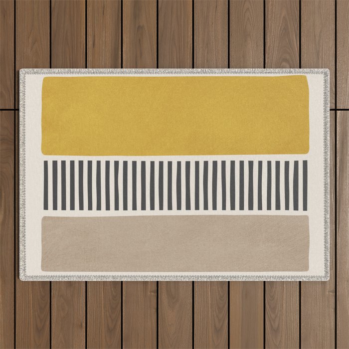 Mustard Beige Black Lines Abstract Art Outdoor Rug Gallery Image 1