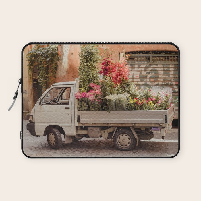 Rome cute van with lots of flowers | Roma street | Travel photography Laptop Sleeve Gallery Image 1