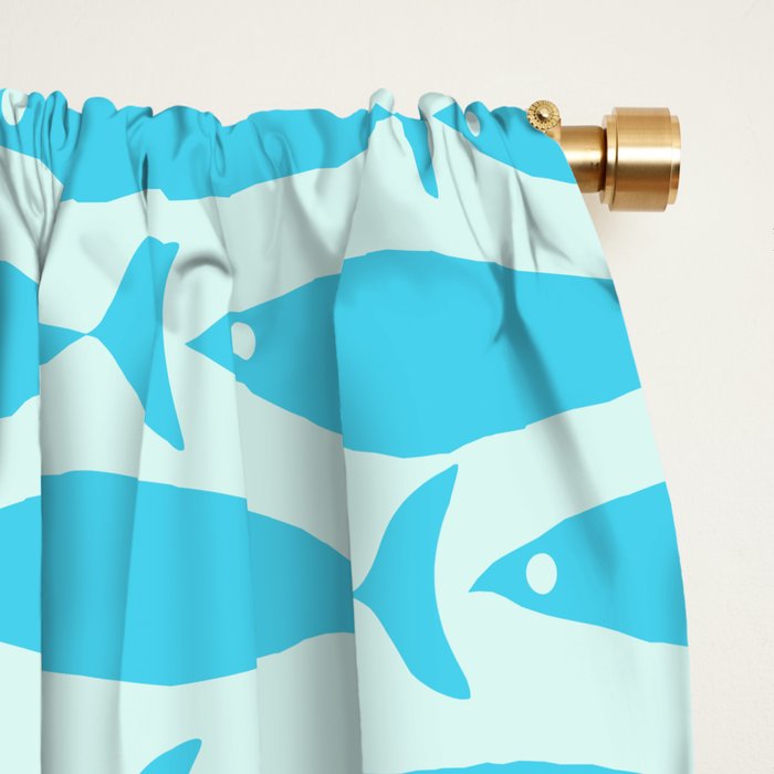 Coastal Ocean Fish Pattern in Blue Aqua Window Curtain Gallery Image 2