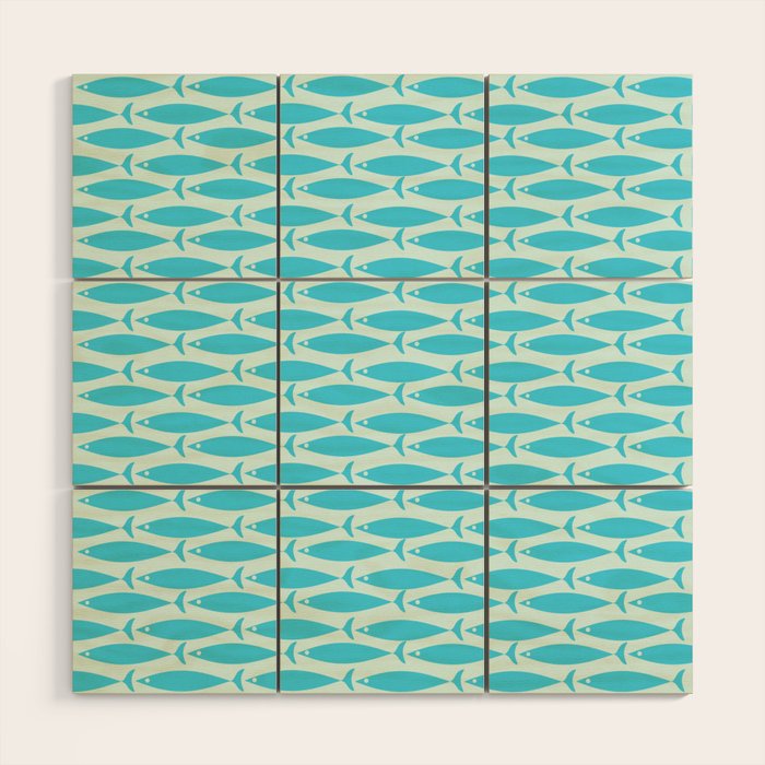 Coastal Ocean Fish Pattern in Blue Aqua Wood Wall Art Gallery Image 1