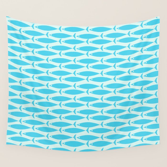 Coastal Ocean Fish Pattern in Blue Aqua Wall Tapestry Gallery Image 1