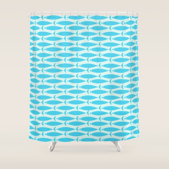 Coastal Ocean Fish Pattern in Blue Aqua Shower Curtain Gallery Image 1