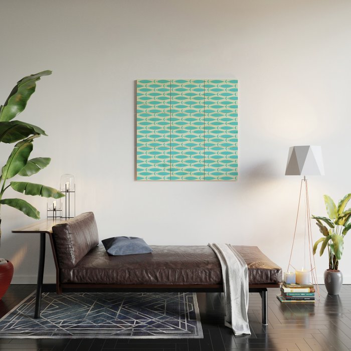 Coastal Ocean Fish Pattern in Blue Aqua Wood Wall Art Gallery Image 2
