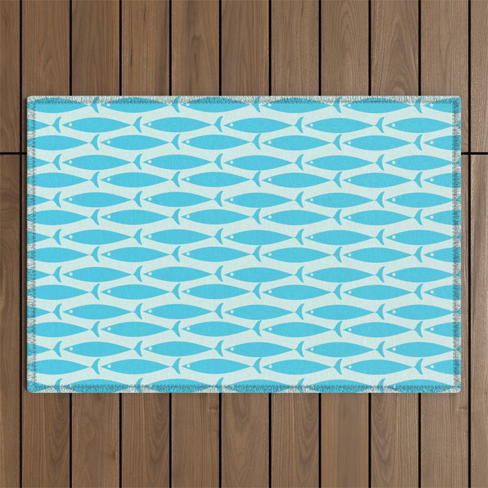 Coastal Ocean Fish Pattern in Blue Aqua Outdoor Rug Gallery Image 1