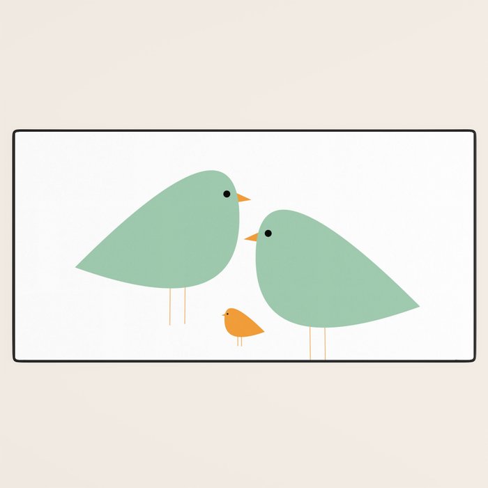 Bird Family in Celadon and Mustard on White. Minimalist Midcentury Scandinavian Desk Mat Gallery Image 3