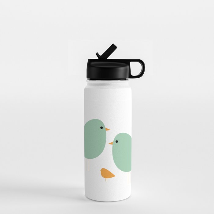 Bird Family in Celadon and Mustard on White. Minimalist Midcentury Scandinavian Water Bottle Gallery Image 1