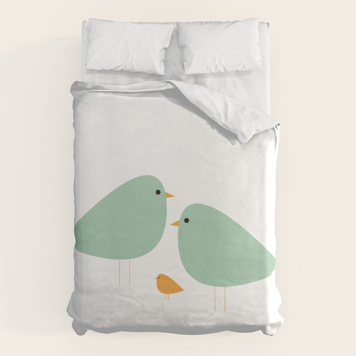 Bird Family in Celadon and Mustard on White. Minimalist Midcentury Scandinavian Duvet Cover Gallery Image 6