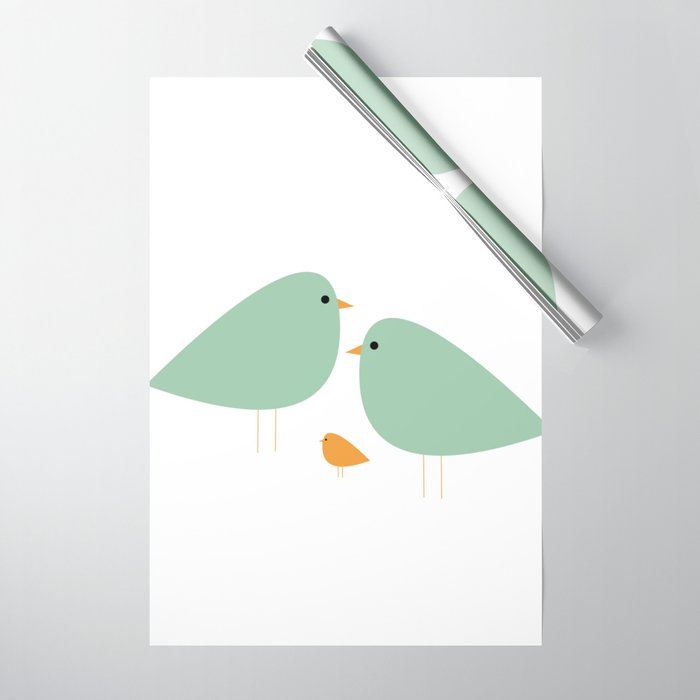 Bird Family in Celadon and Mustard on White. Minimalist Midcentury Scandinavian Wrapping Paper Gallery Image 1