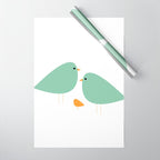 Bird Family in Celadon and Mustard on White. Minimalist Midcentury Scandinavian Wrapping Paper Gallery Image 1