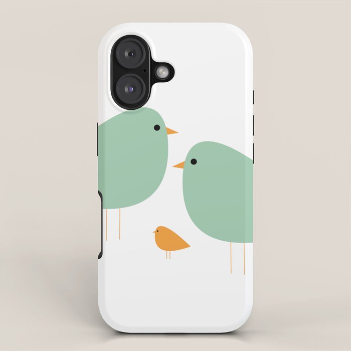 Bird Family in Celadon and Mustard on White. Minimalist Midcentury Scandinavian iPhone Case Gallery Image 1
